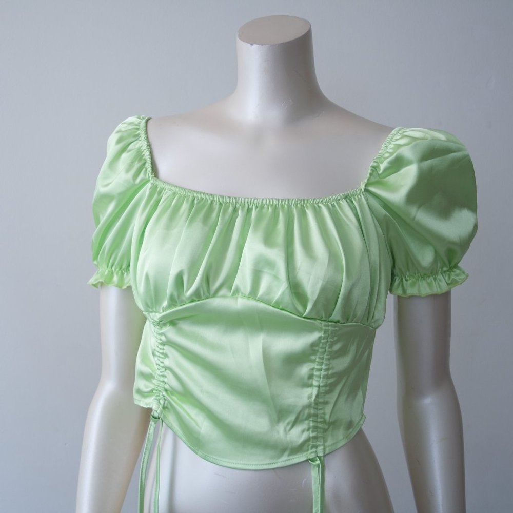 Shein Paola Top Lime Green Crop Top Poof Sleeve Bow Detail Satin Side Zip - M